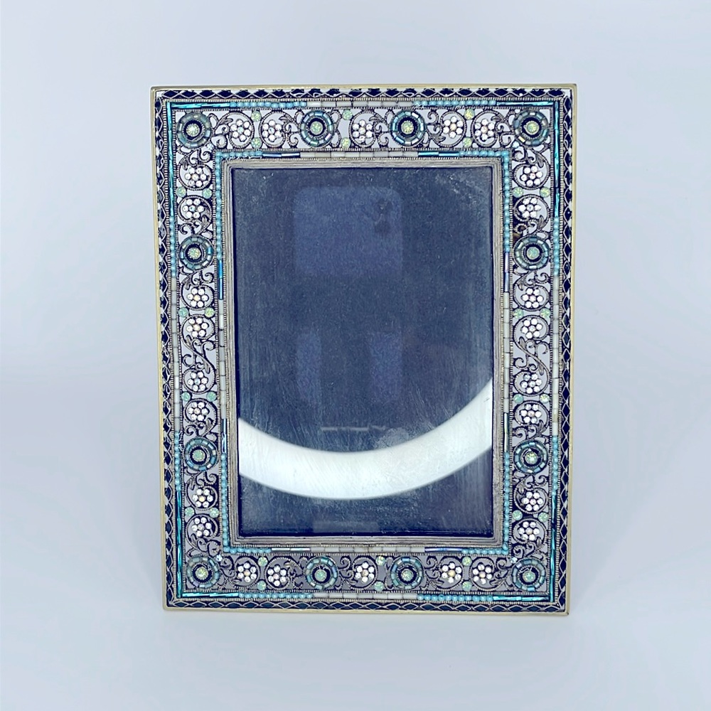Silver Modern Filigree and Blue Glass Bead Photo Frame